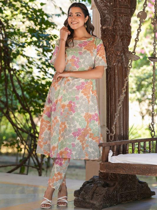 Janasya Light Cotton Floral A-Line Kurta Set | Swadesiicart
