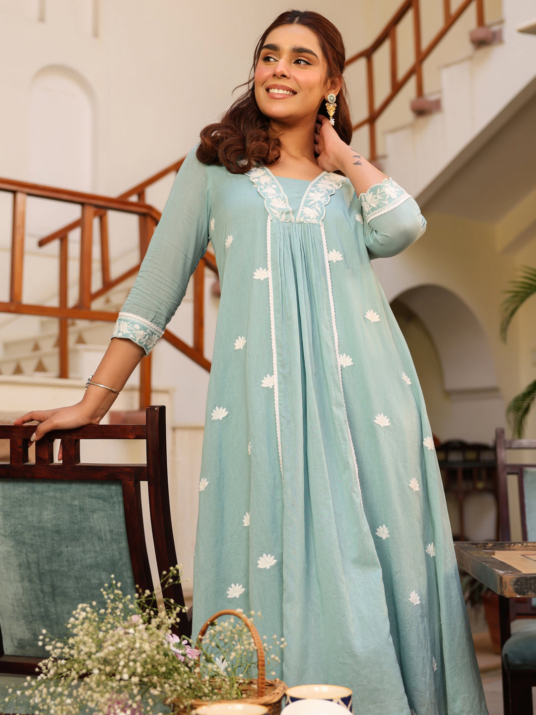 Janasya Light Cotton Embroidered A-Line Kurta Set | Swadesiicart