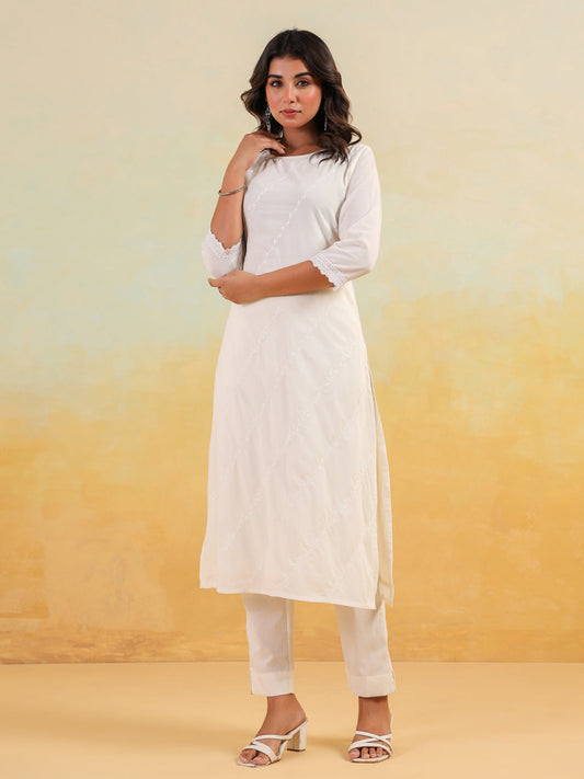 Janasya Light Cotton Embroidered Straight Kurta Set | Swadesiicart