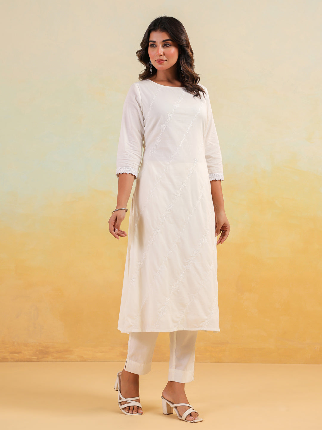 Janasya Light Cotton Embroidered Straight Kurta Set | Swadesiicart