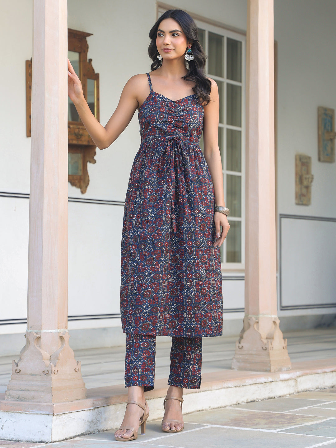 Janasya Dark Cotton Ethnic Motifs A-Line Kurta Set | Swadesiicart