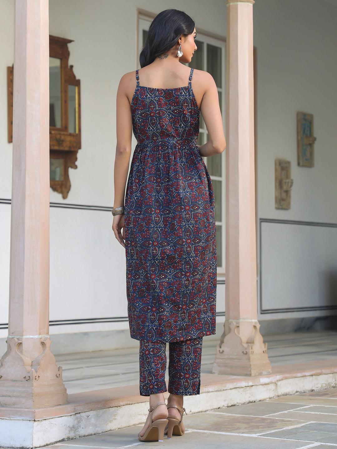 Janasya Dark Cotton Ethnic Motifs A-Line Kurta Set | Swadesiicart