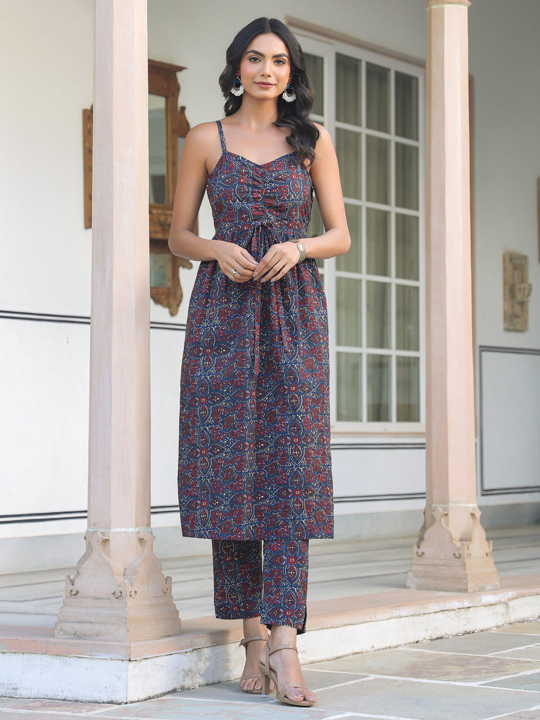 Janasya Dark Cotton Ethnic Motifs A-Line Kurta Set | Swadesiicart