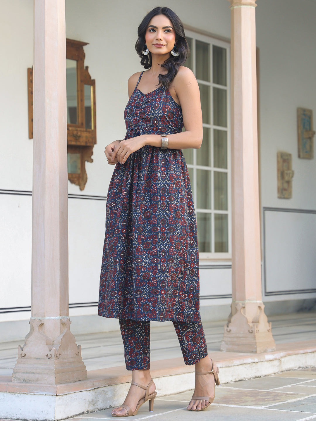 Janasya Dark Cotton Ethnic Motifs A-Line Kurta Set | Swadesiicart
