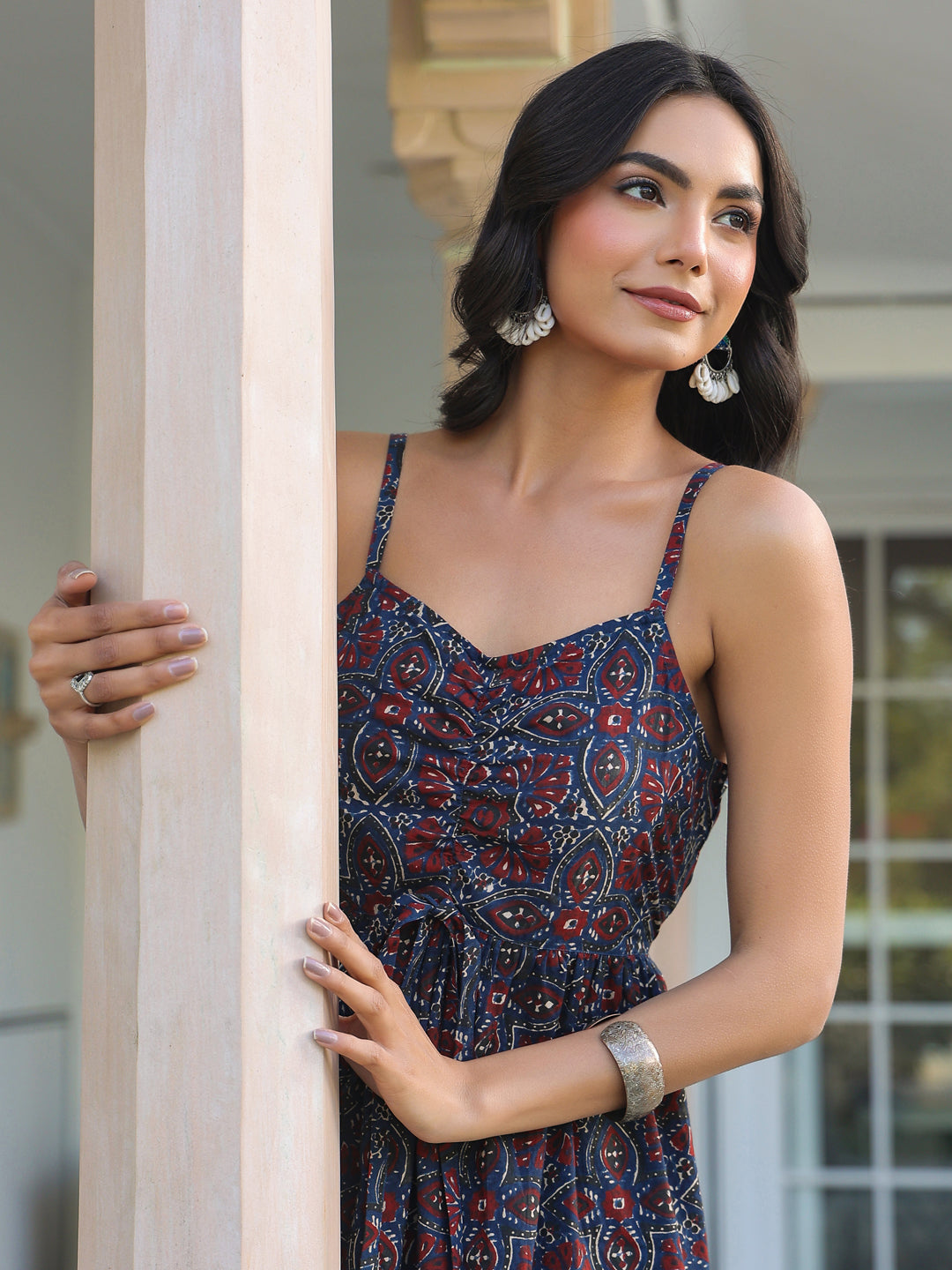 Janasya Dark Cotton Ethnic Motifs A-Line Kurta Set | Swadesiicart