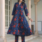 Janasya Dark Cotton Floral A-Line Kurta Set | Swadesiicart