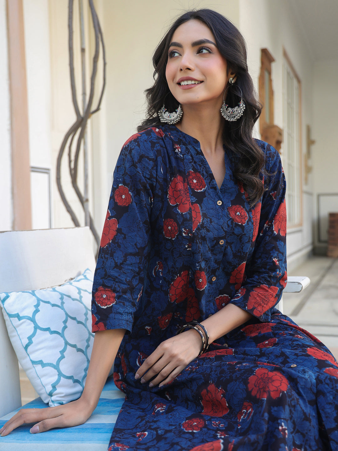Janasya Dark Cotton Floral A-Line Kurta Set | Swadesiicart