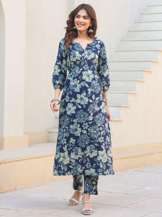 Janasya Dark Cotton Floral Straight Kurta Set | Swadesiicart
