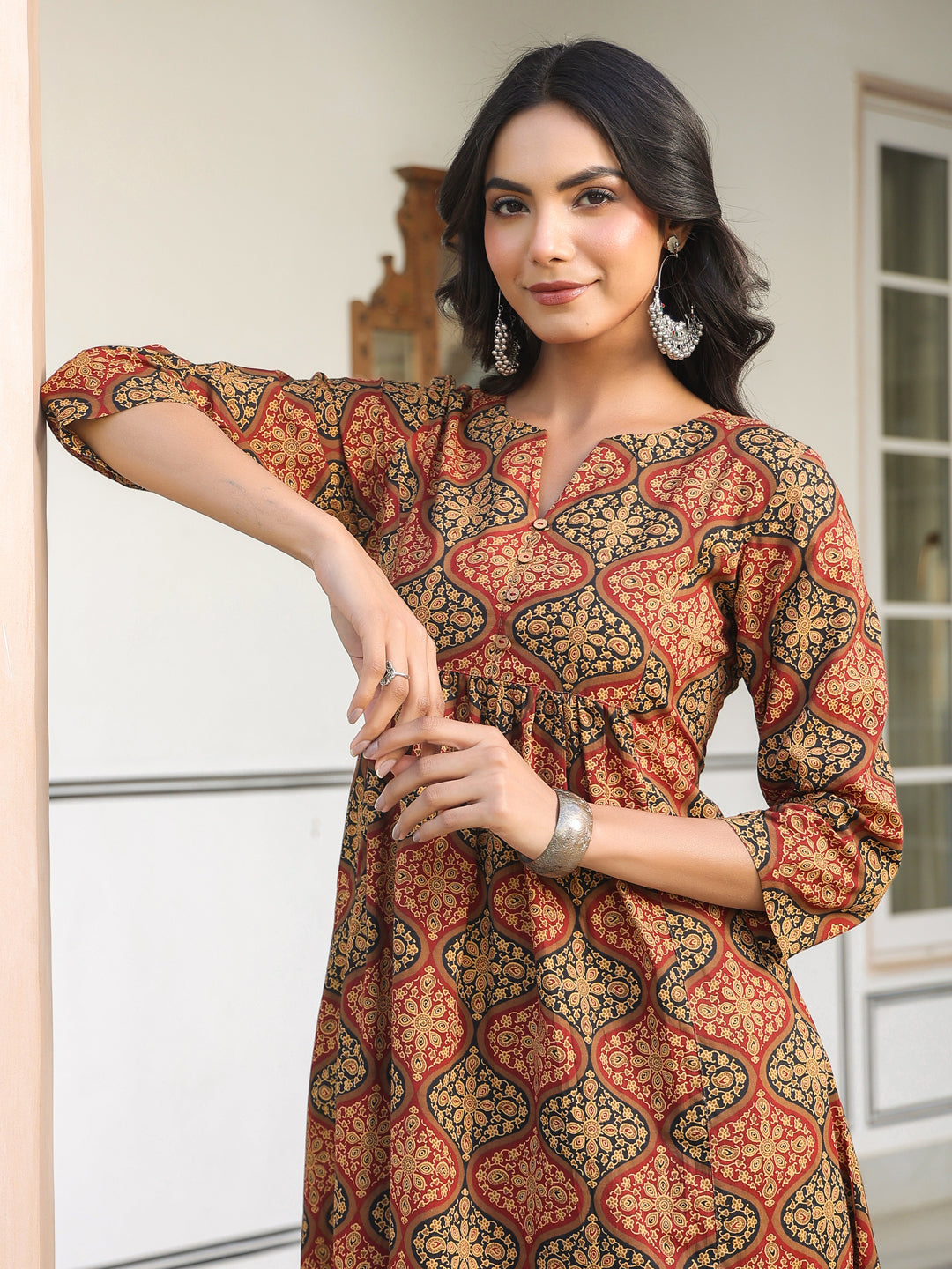 Janasya Dark Cotton Ethnic Motifs A-Line Kurta Set | Swadesiicart