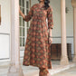 Janasya Dark Cotton Ethnic Motifs A-Line Kurta Set | Swadesiicart