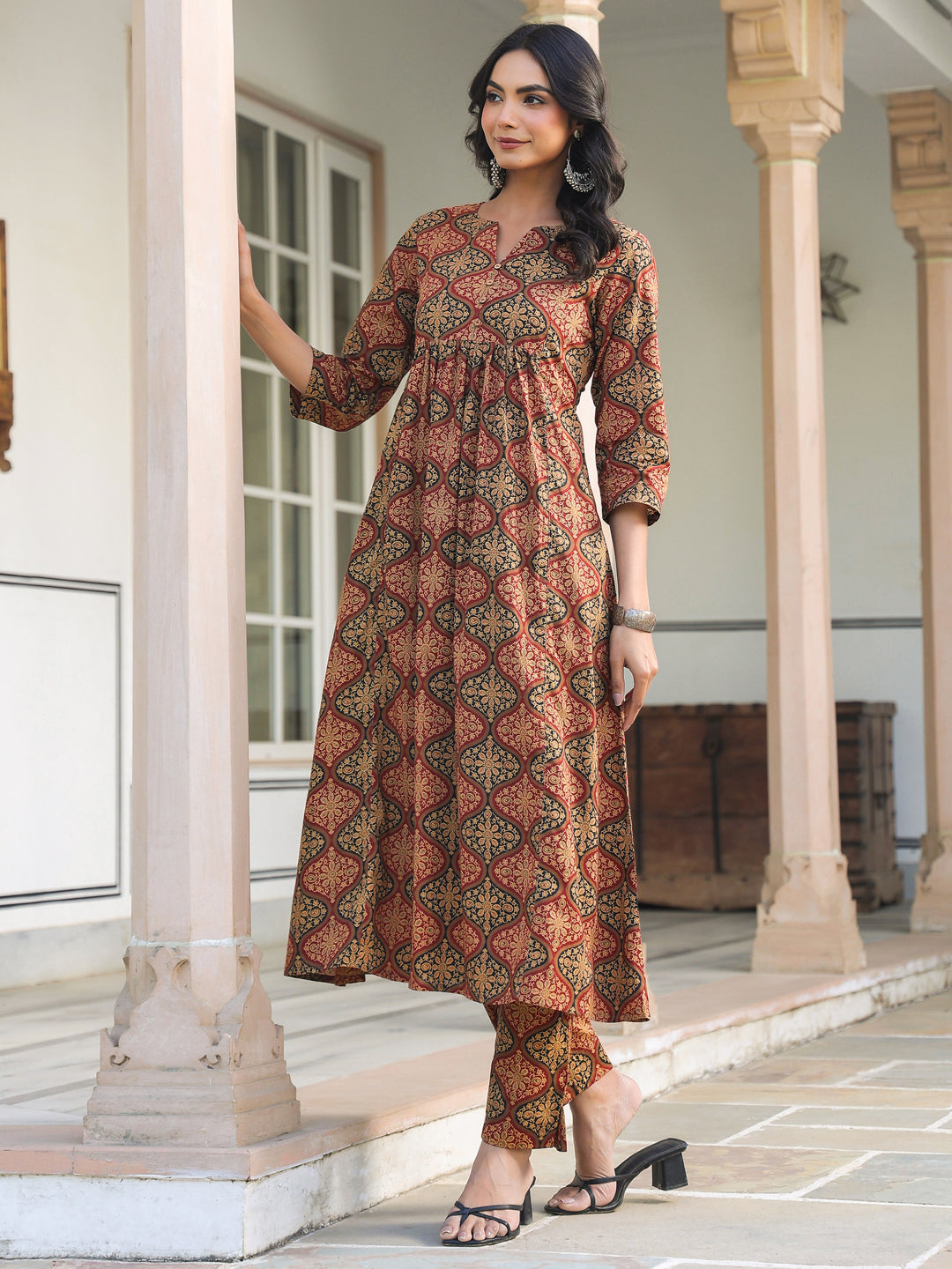 Janasya Dark Cotton Ethnic Motifs A-Line Kurta Set | Swadesiicart
