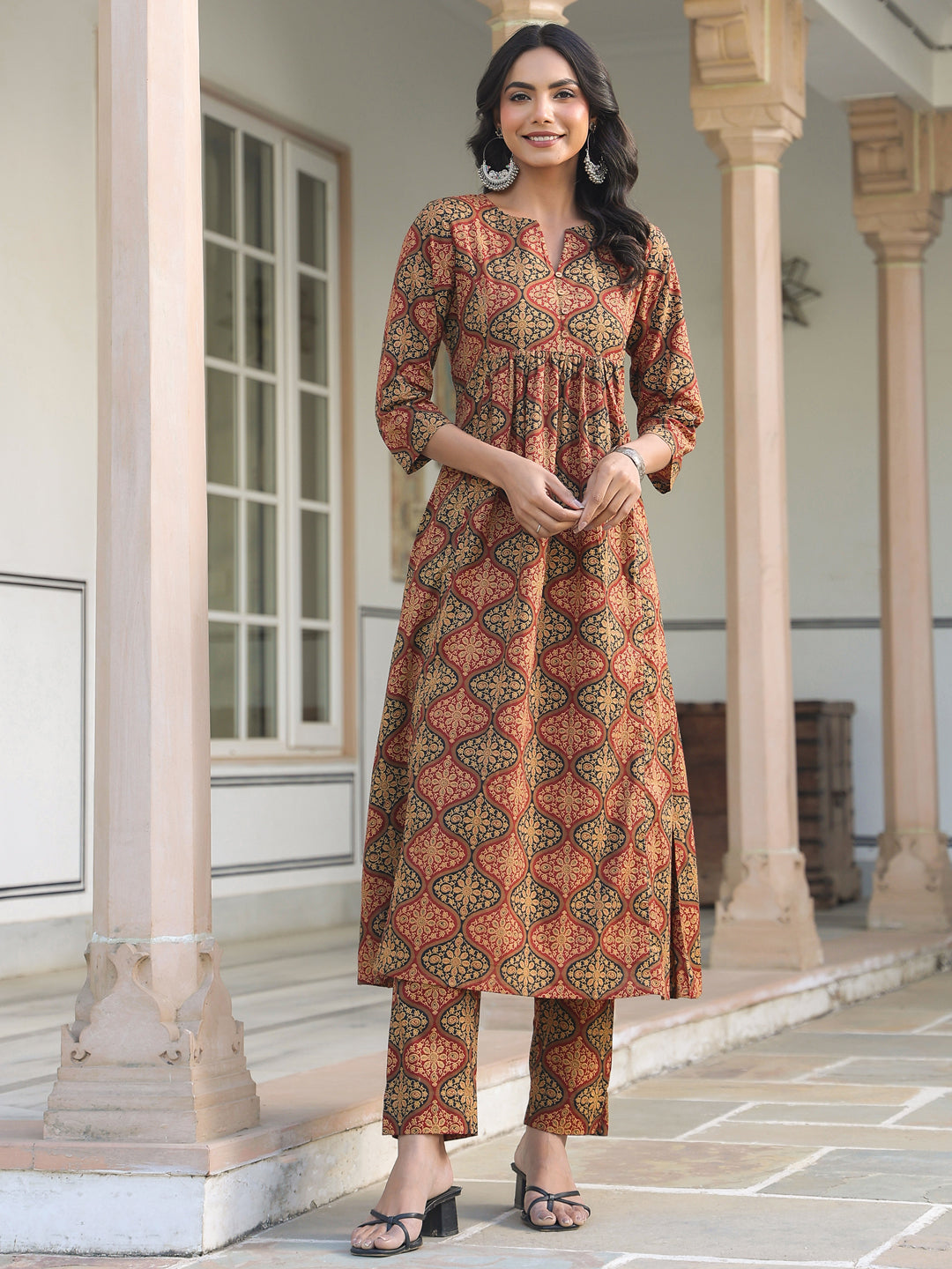 Janasya Dark Cotton Ethnic Motifs A-Line Kurta Set | Swadesiicart
