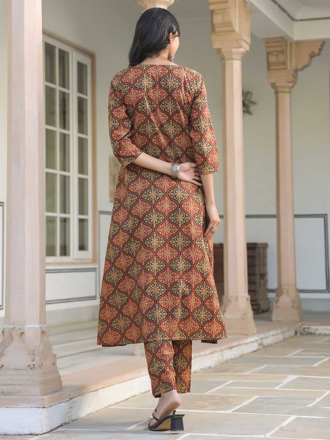 Janasya Dark Cotton Ethnic Motifs A-Line Kurta Set | Swadesiicart