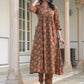 Janasya Dark Cotton Ethnic Motifs A-Line Kurta Set | Swadesiicart