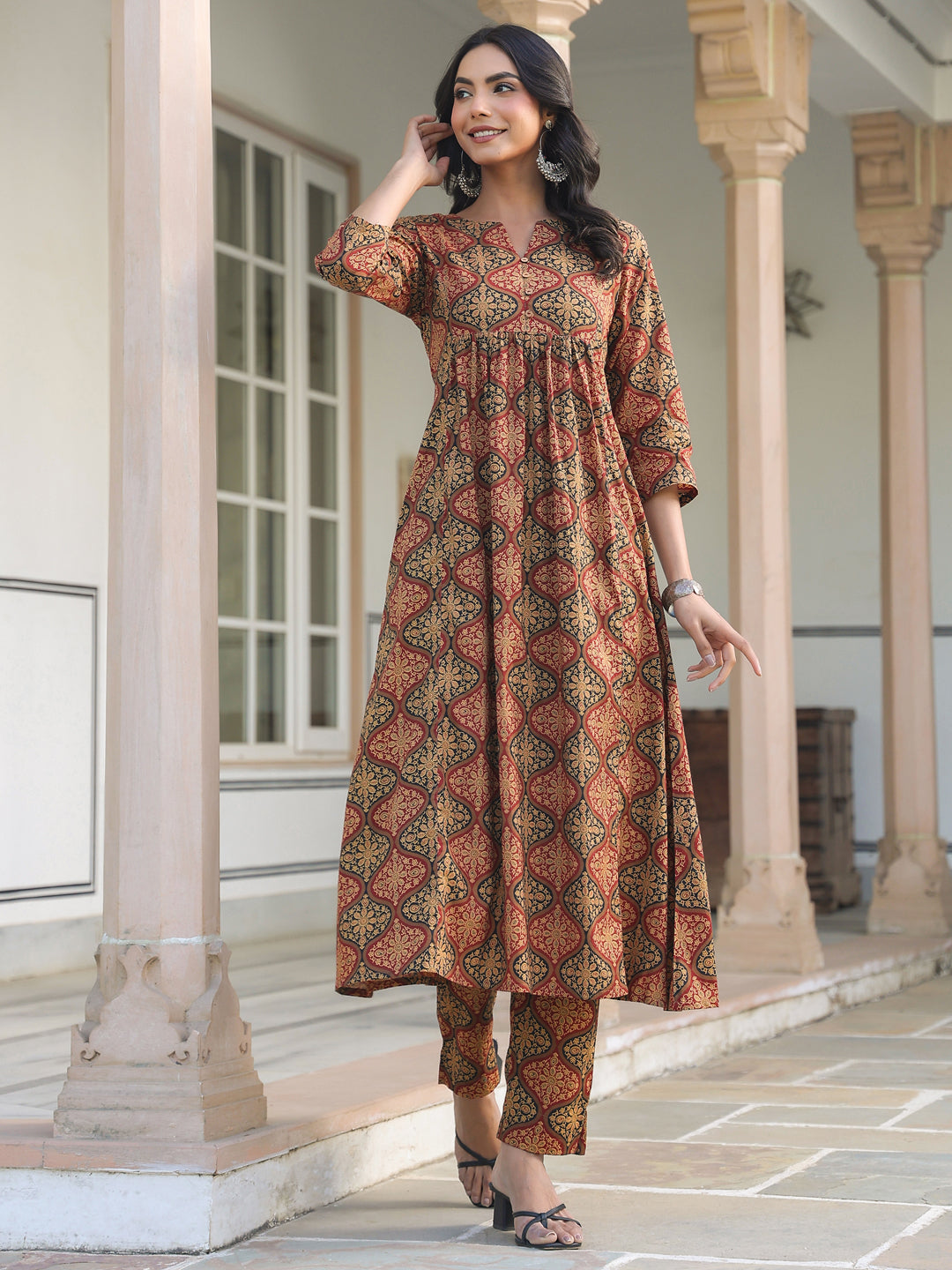Janasya Dark Cotton Ethnic Motifs A-Line Kurta Set | Swadesiicart