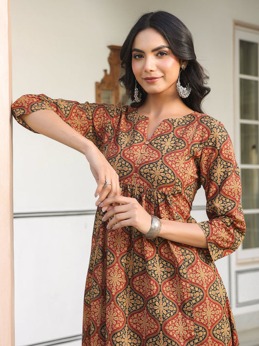Janasya Dark Cotton Ethnic Motifs A-Line Kurta Set | Swadesiicart