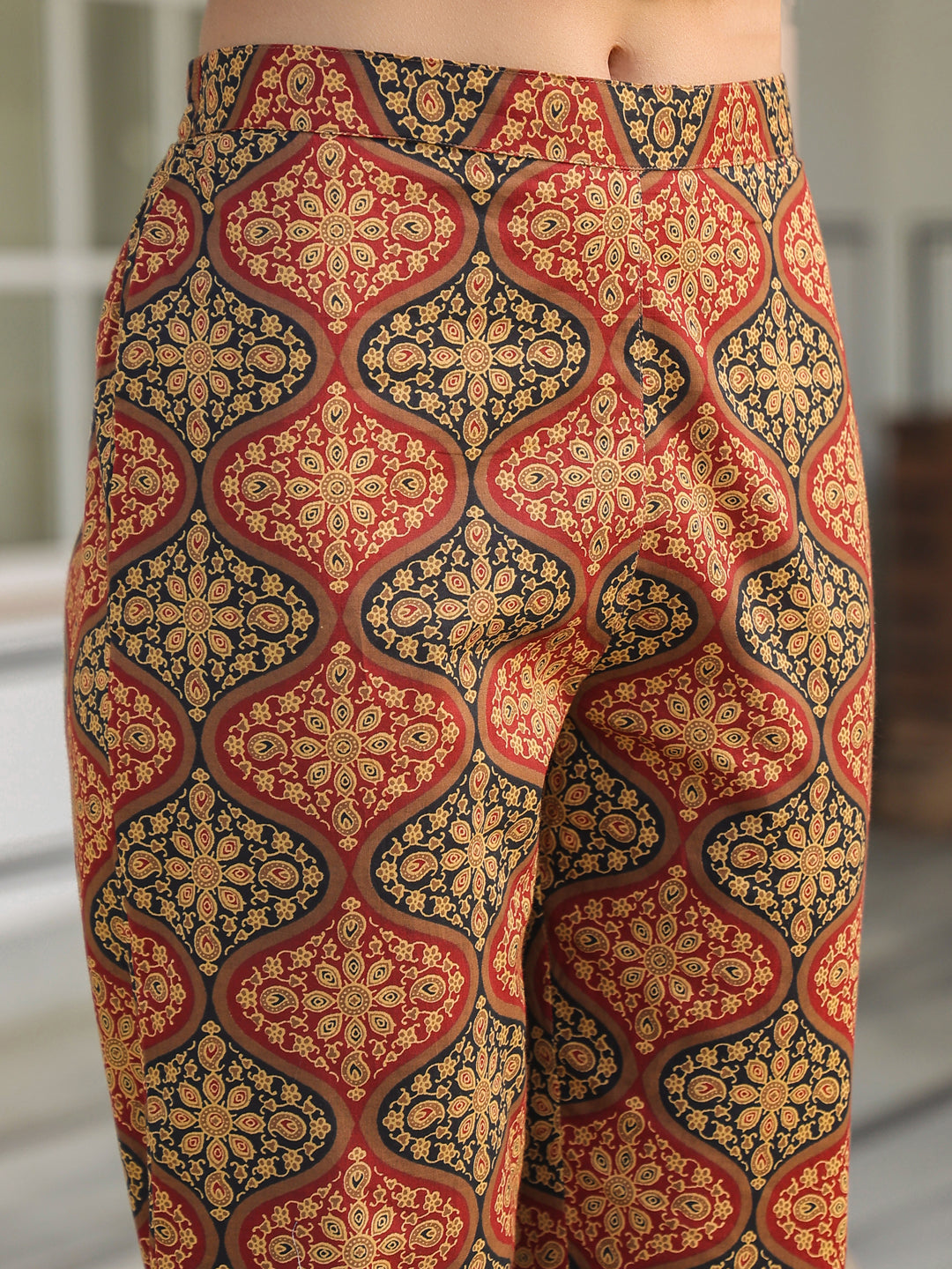 Janasya Dark Cotton Ethnic Motifs A-Line Kurta Set | Swadesiicart