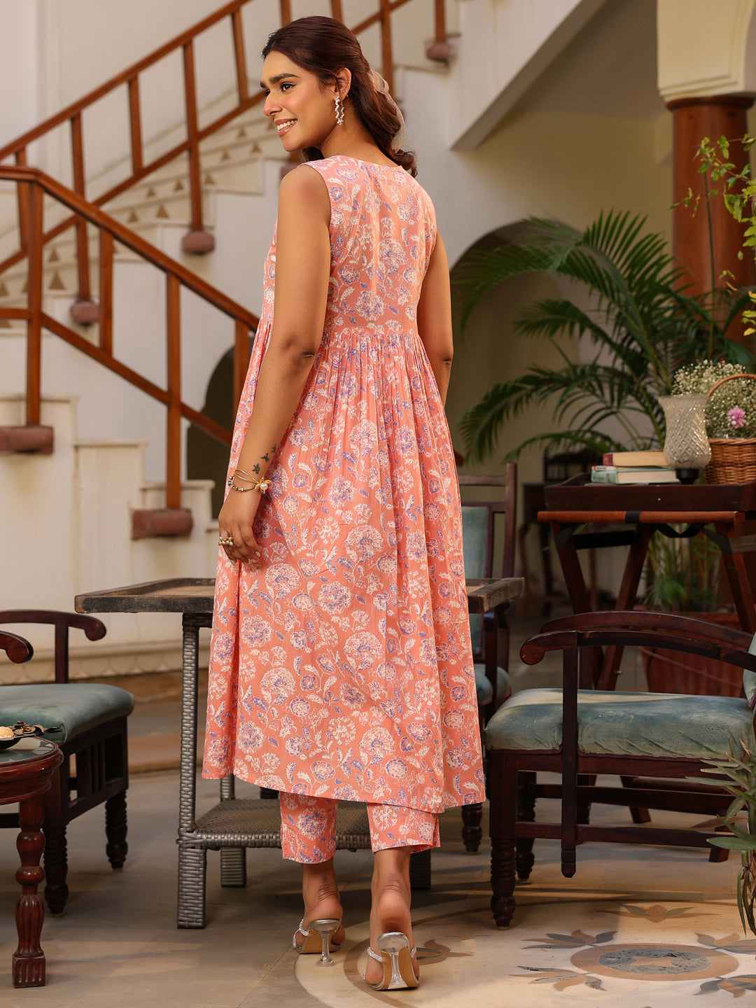Janasya Light Cotton Floral A-Line Kurta Set | Swadesiicart
