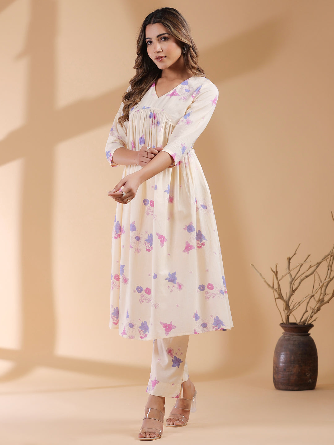 Janasya Light Cotton Floral A-Line Kurta Set | Swadesiicart