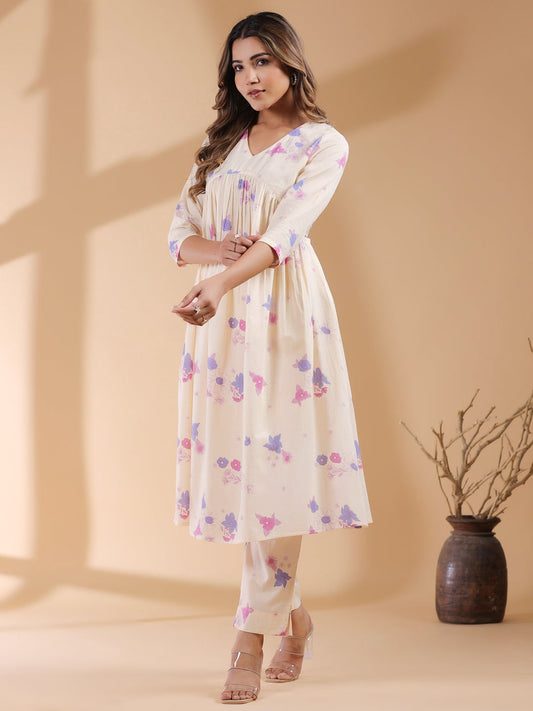 Janasya Light Cotton Floral A-Line Kurta Set | Swadesiicart