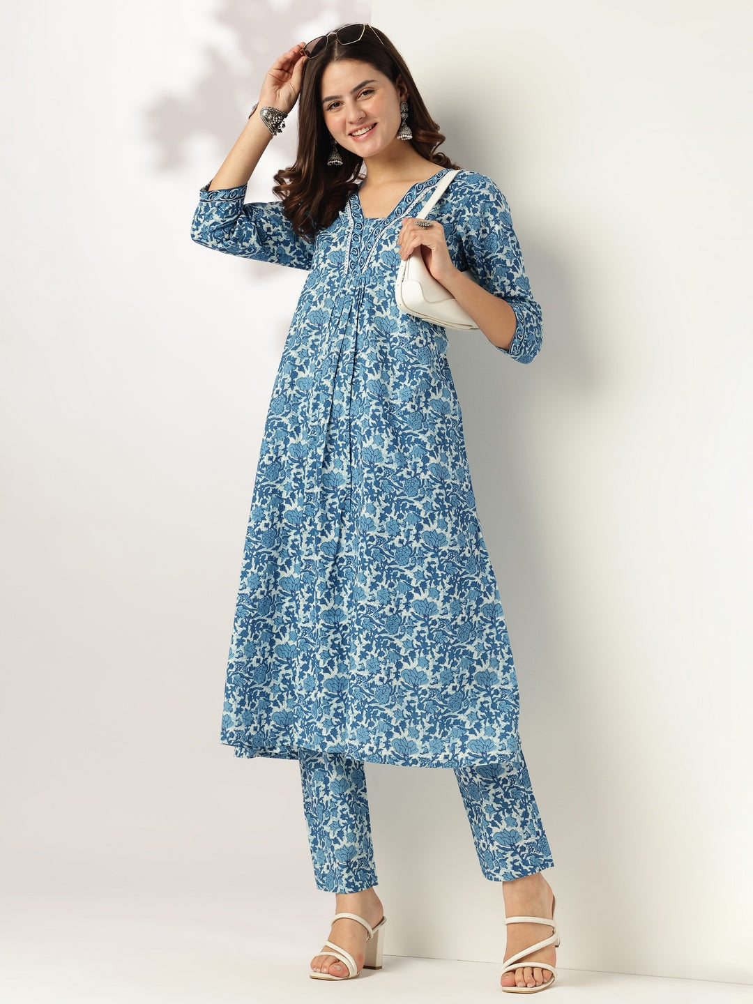 Janasya Dark Cotton Floral A-Line Kurta Set | Swadesiicart