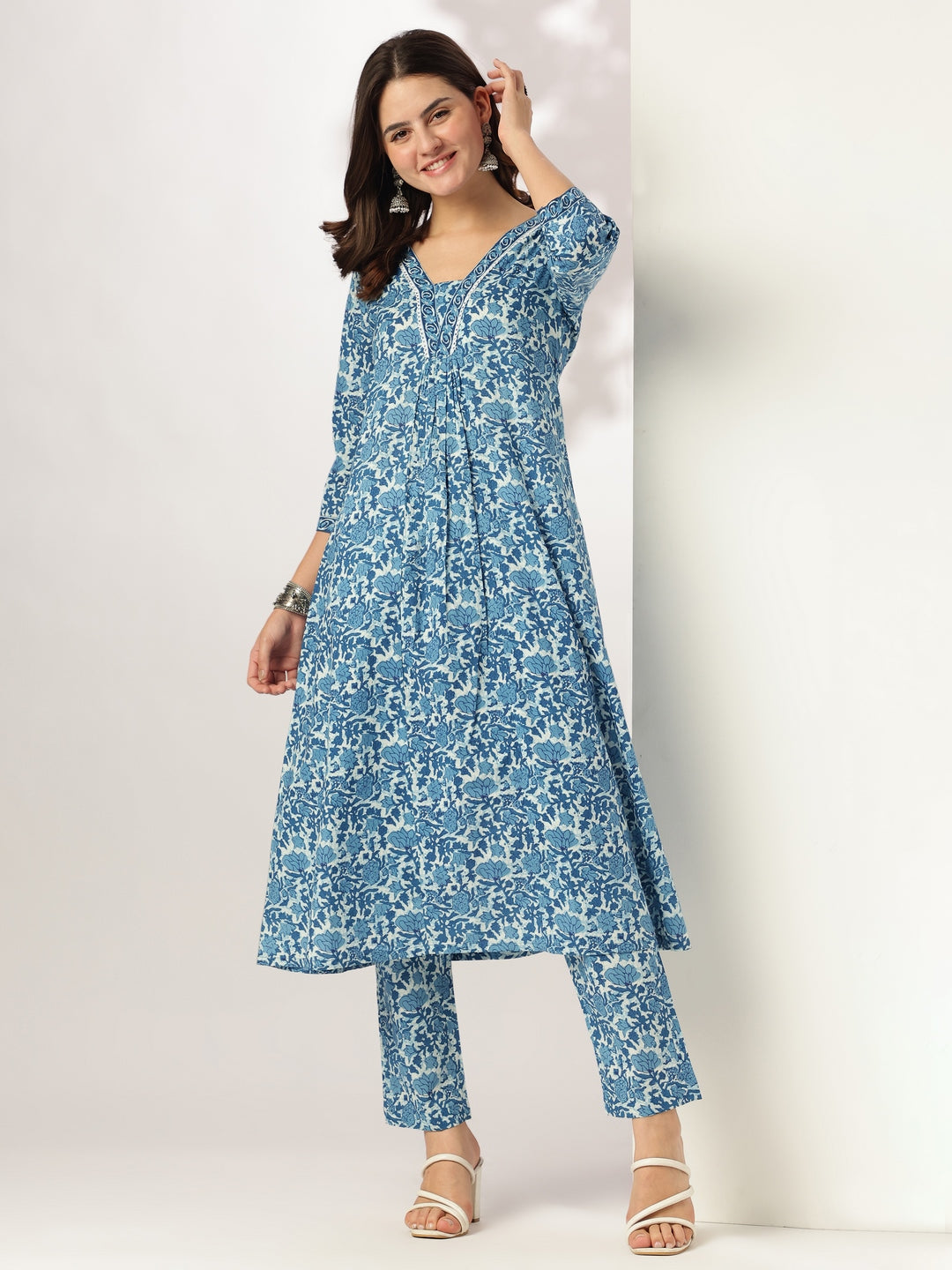 Janasya Dark Cotton Floral A-Line Kurta Set | Swadesiicart