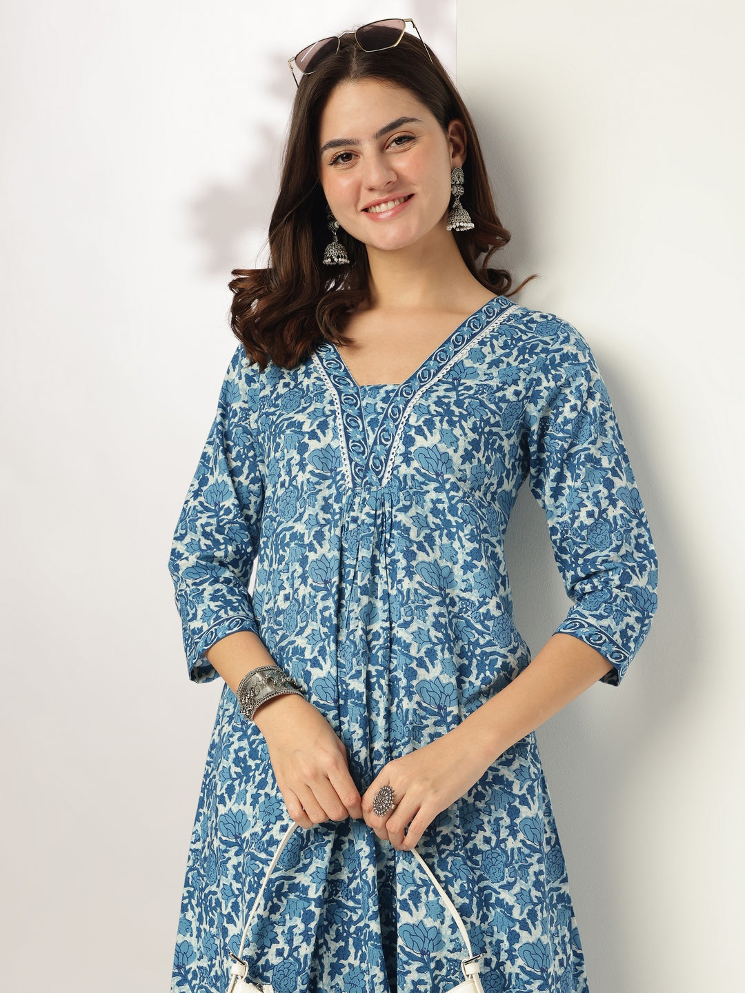 Janasya Dark Cotton Floral A-Line Kurta Set | Swadesiicart