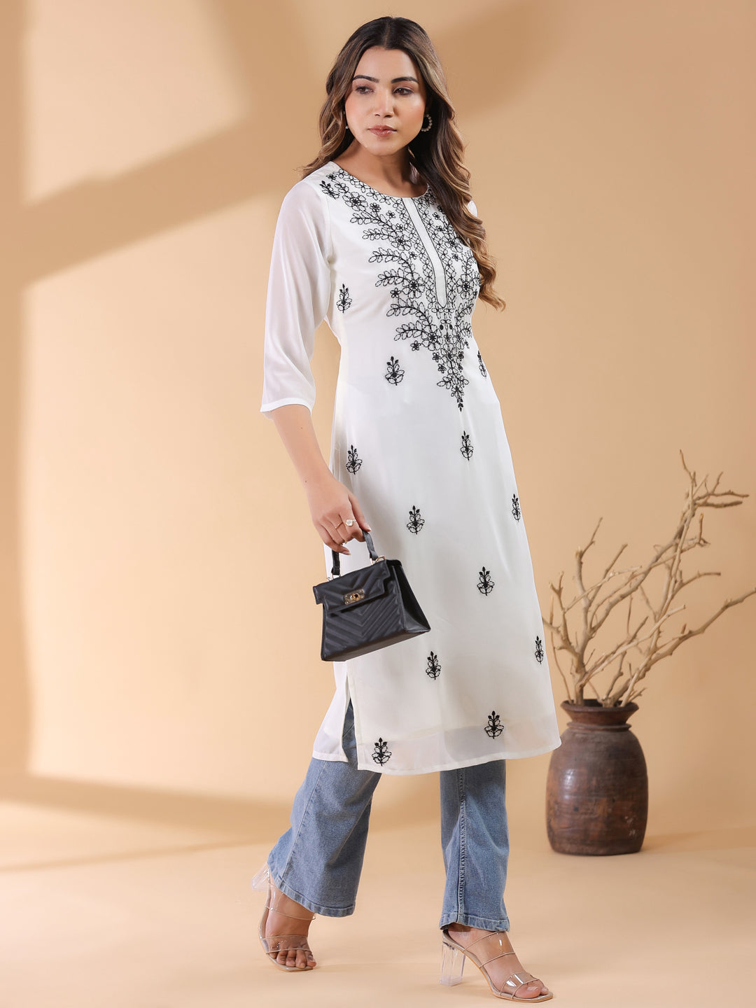 Janasya Dark Georgette Embroidered Straight Kurta - Swadesiicart
