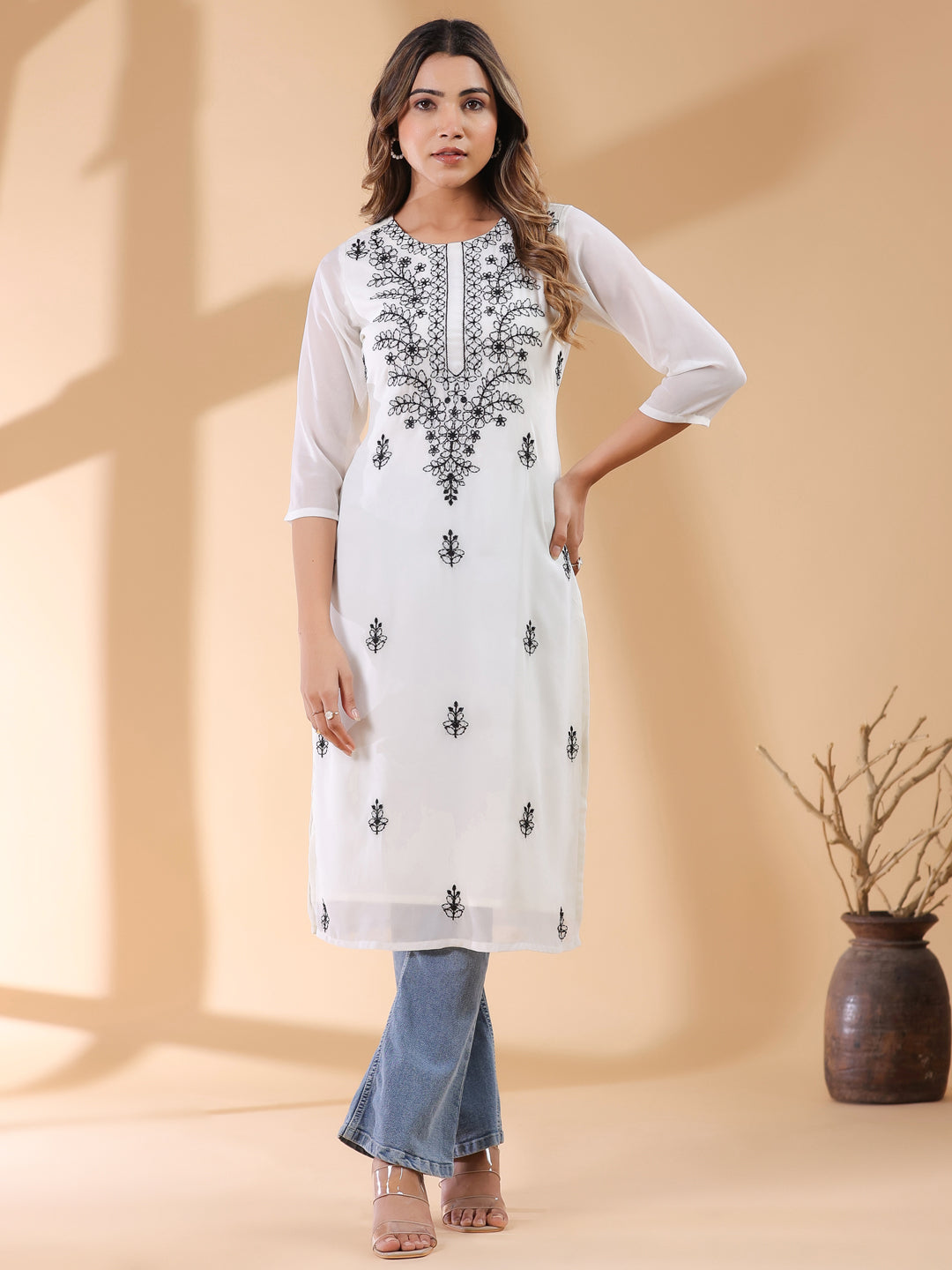 Janasya Dark Georgette Embroidered Straight Kurta - Swadesiicart