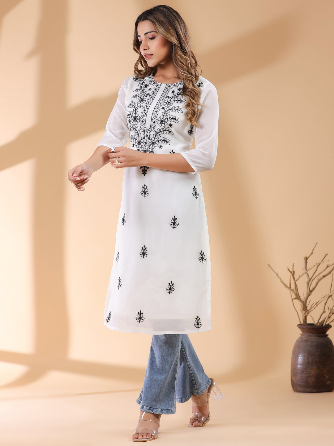 Janasya Dark Georgette Embroidered Straight Kurta - Swadesiicart