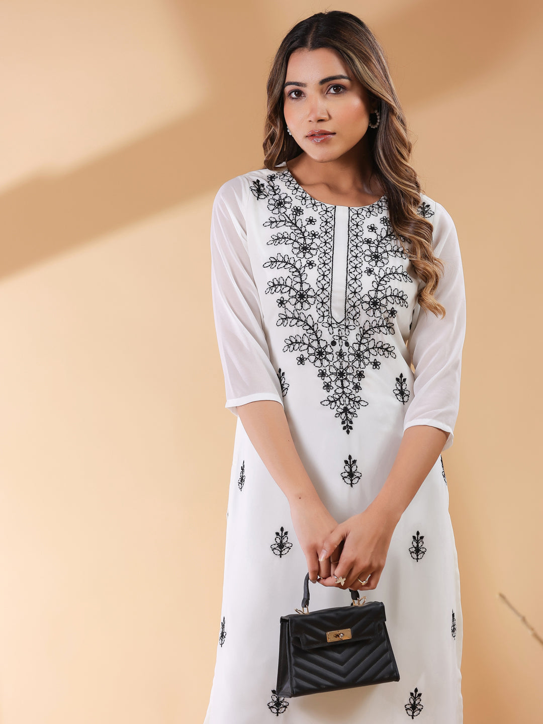 Janasya Dark Georgette Embroidered Straight Kurta - Swadesiicart