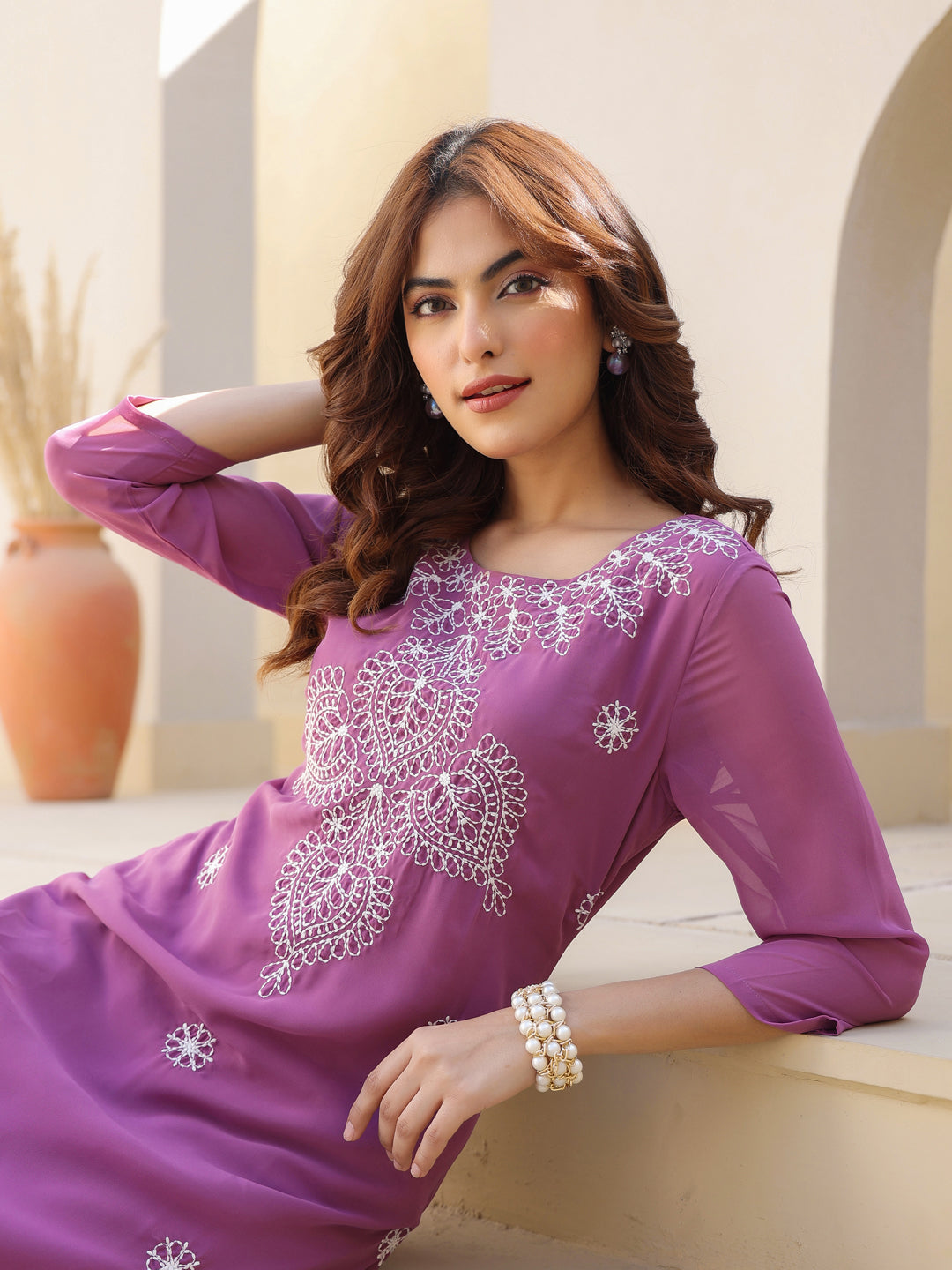 Janasya Dark Georgette Floral Straight Kurta - Swadesiicart