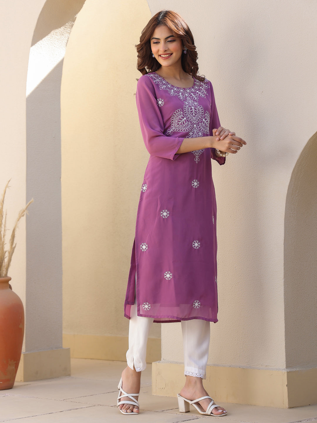 Janasya Dark Georgette Floral Straight Kurta - Swadesiicart