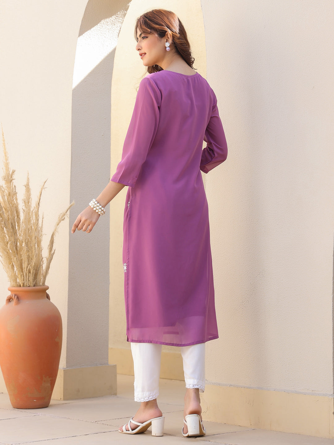 Janasya Dark Georgette Floral Straight Kurta - Swadesiicart