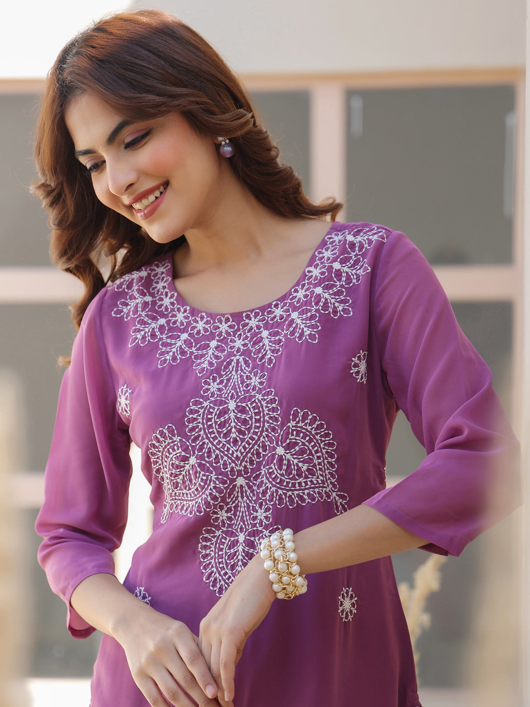 Janasya Dark Georgette Floral Straight Kurta - Swadesiicart