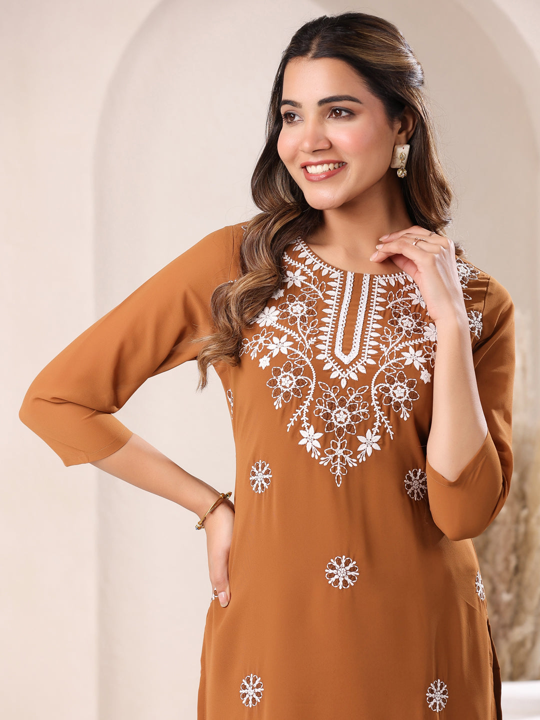 Janasya Dark Georgette Embroidered Straight Kurta - Swadesiicart