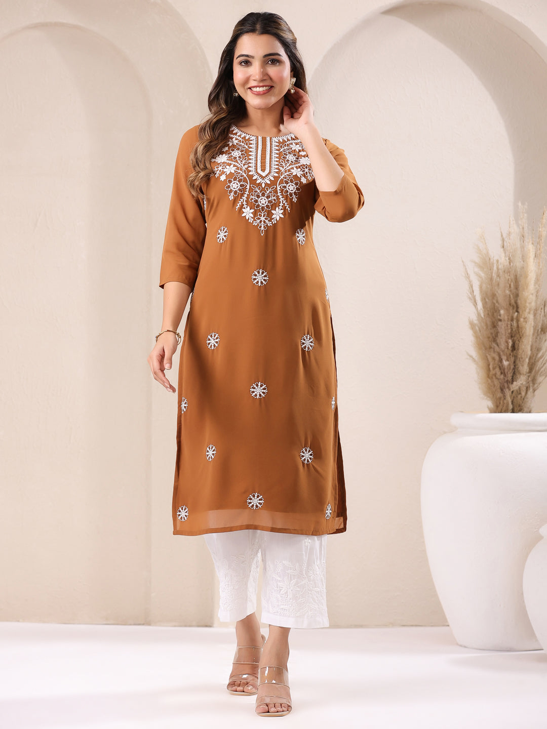 Janasya Dark Georgette Embroidered Straight Kurta - Swadesiicart