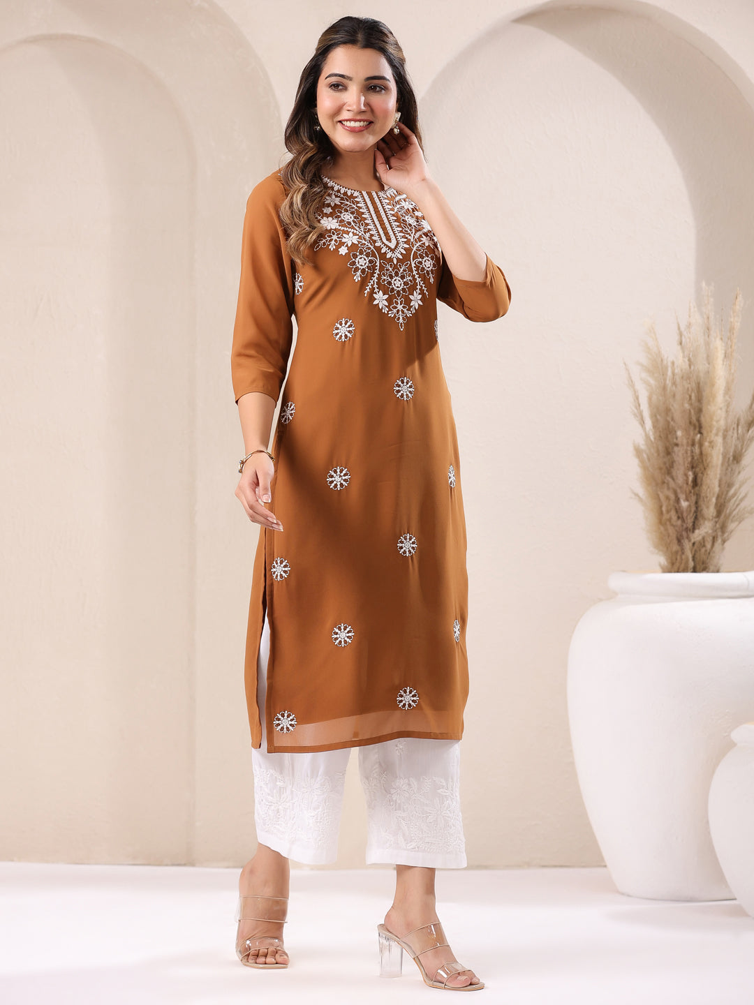 Janasya Dark Georgette Embroidered Straight Kurta - Swadesiicart