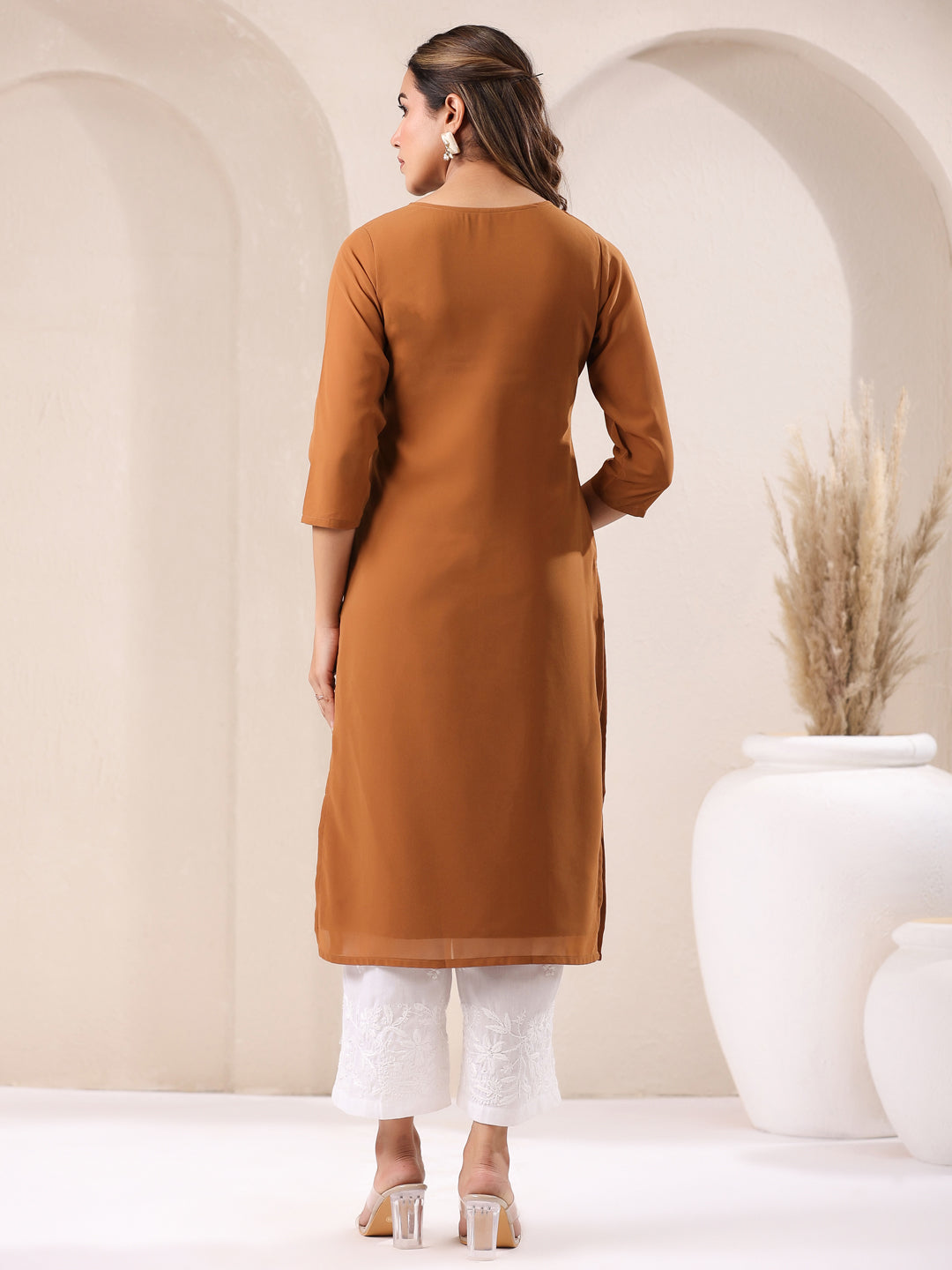 Janasya Dark Georgette Embroidered Straight Kurta - Swadesiicart