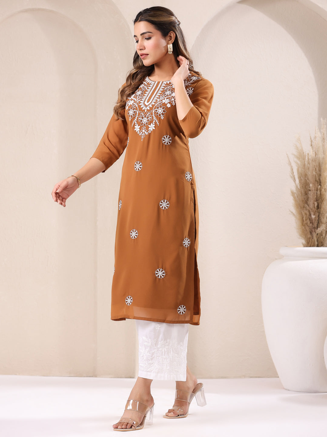 Janasya Dark Georgette Embroidered Straight Kurta - Swadesiicart