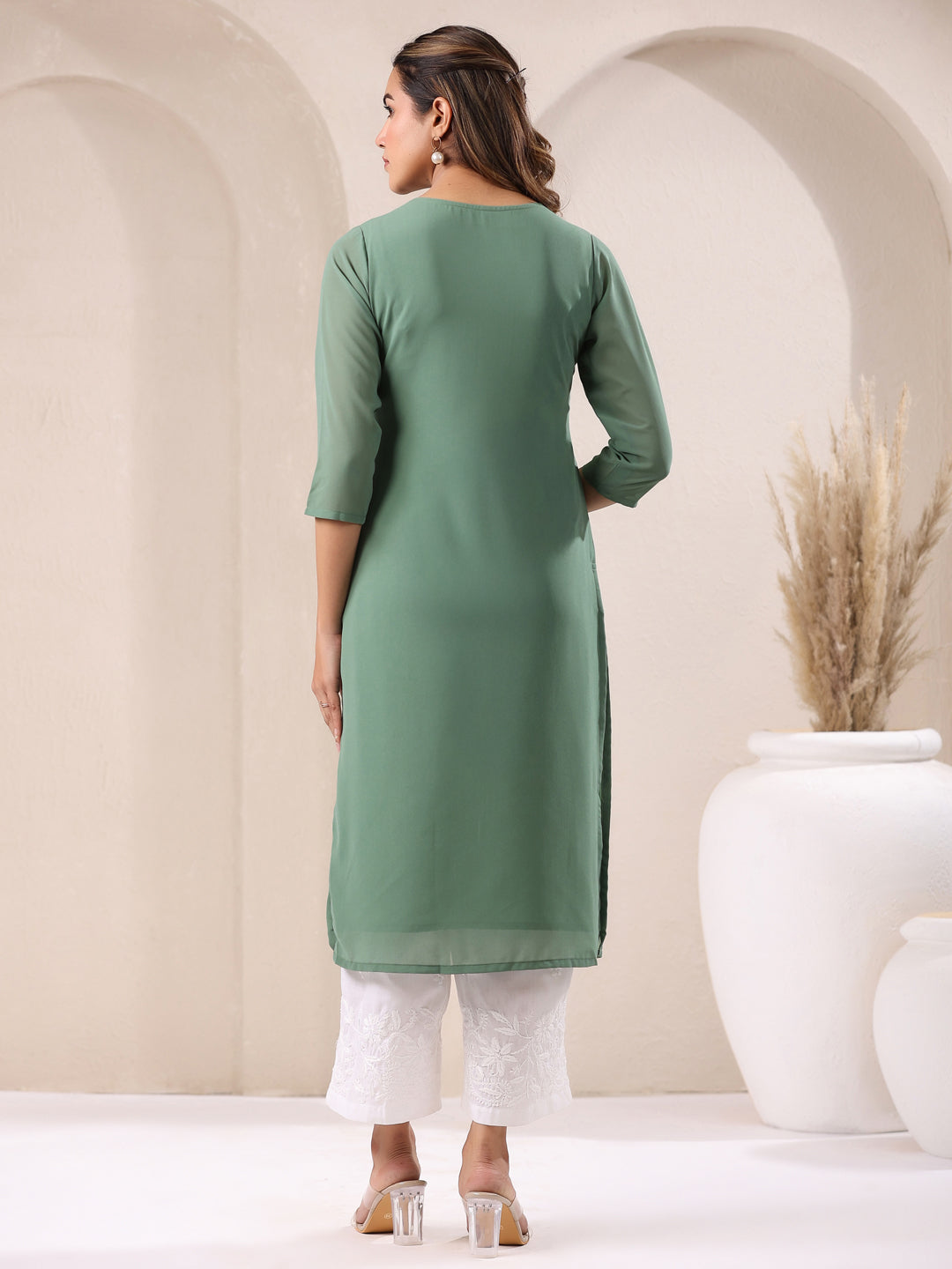 Janasya Dark Georgette Embroidered Straight Kurta - Swadesiicart