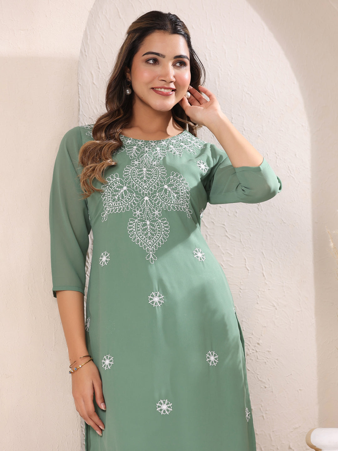 Janasya Dark Georgette Embroidered Straight Kurta - Swadesiicart