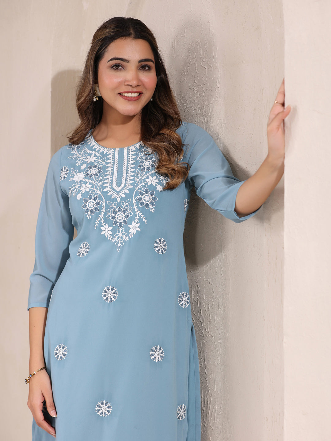 Janasya Bright Georgette Embroidered Straight Kurta - Swadesiicart