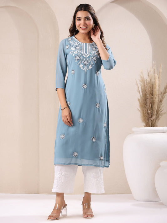 Janasya Bright Georgette Embroidered Straight Kurta - Swadesiicart