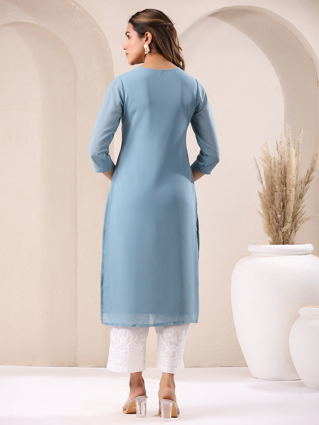 Janasya Bright Georgette Embroidered Straight Kurta - Swadesiicart