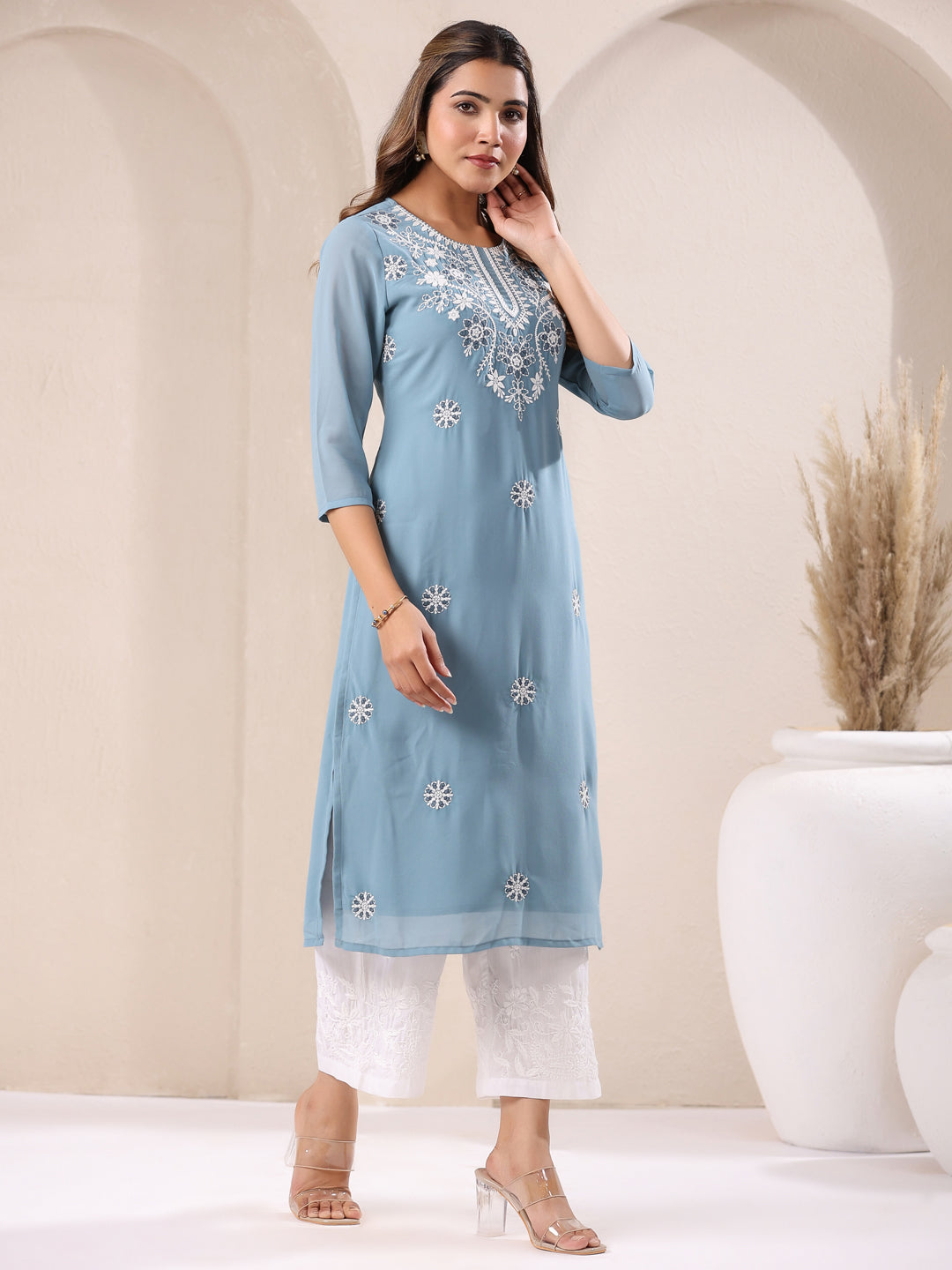 Janasya Bright Georgette Embroidered Straight Kurta - Swadesiicart
