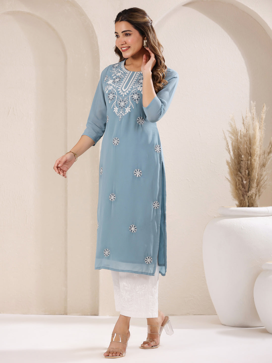 Janasya Bright Georgette Embroidered Straight Kurta - Swadesiicart