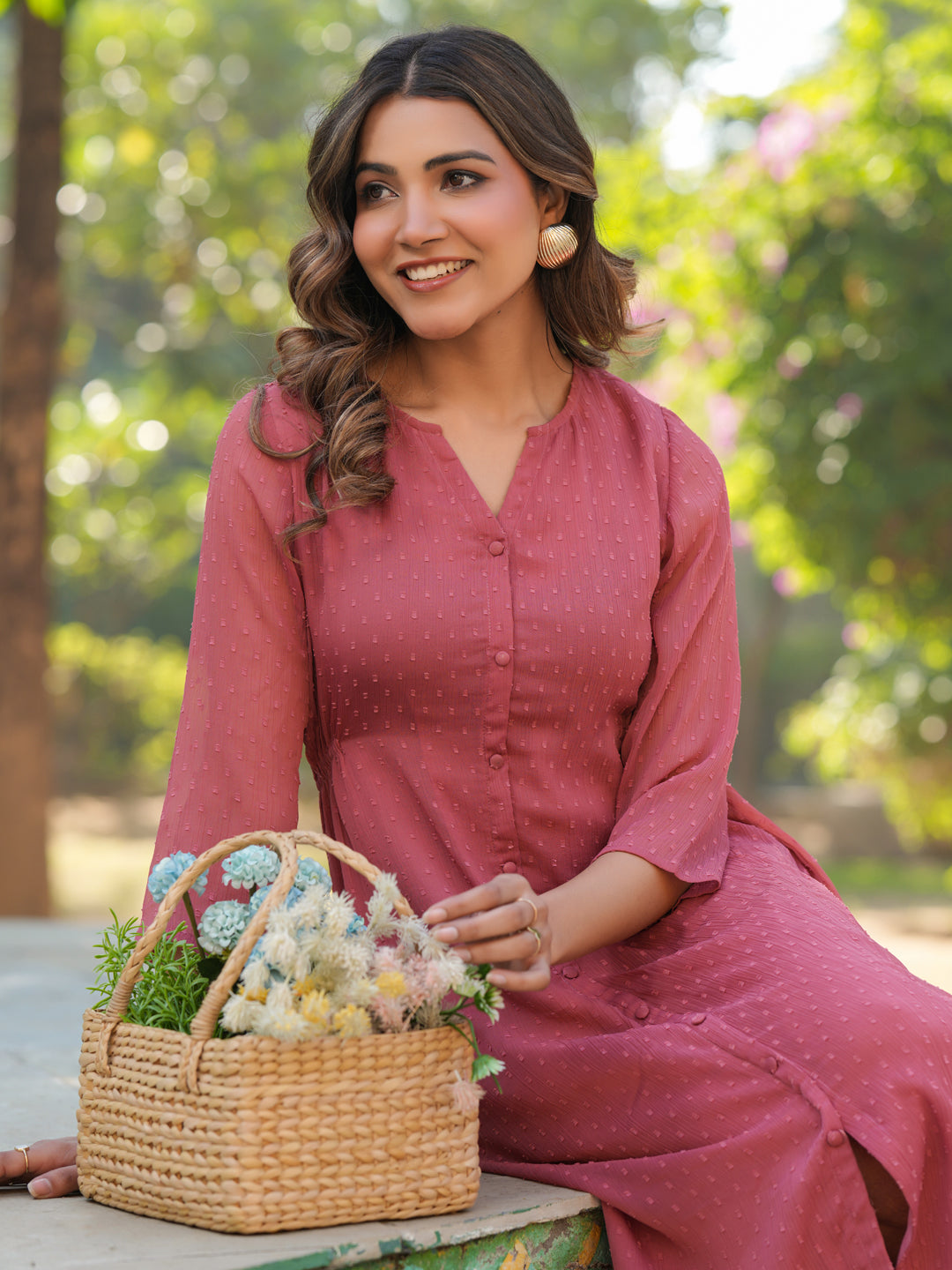 Janasya Light Dobby Chiffon Self Design A-Line Kurta - Swadesiicart