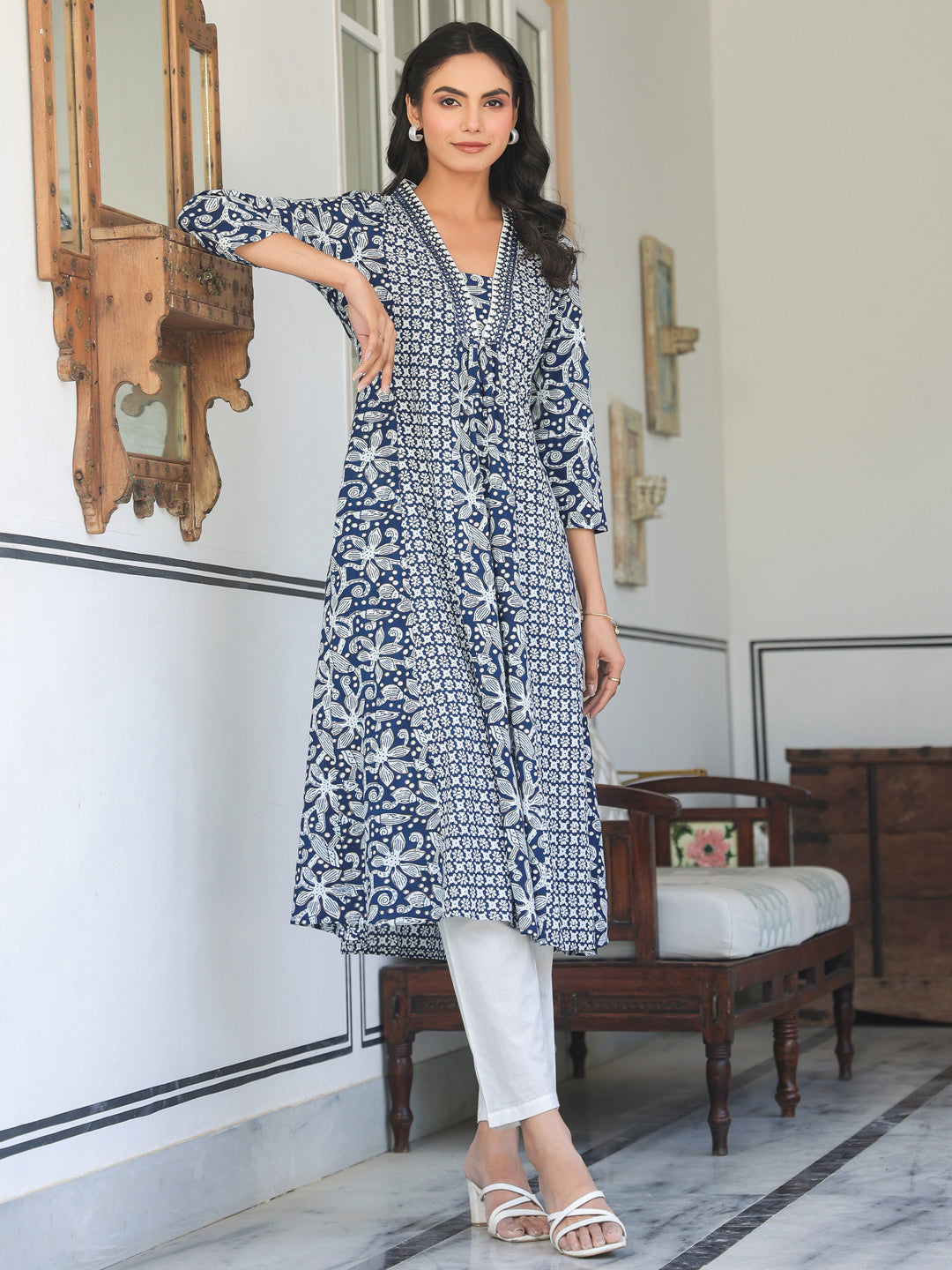 Janasya Dark Cotton Yoke Embroidery A-Line Kurta | Swadesiicart