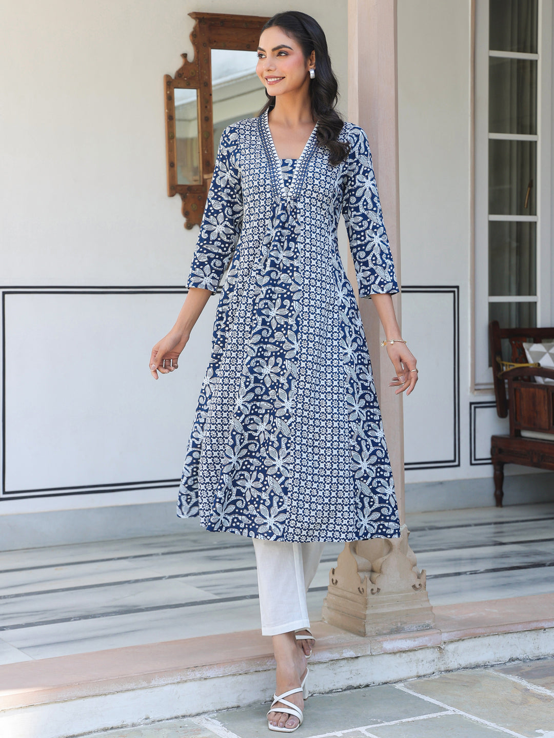 Janasya Dark Cotton Yoke Embroidery A-Line Kurta | Swadesiicart